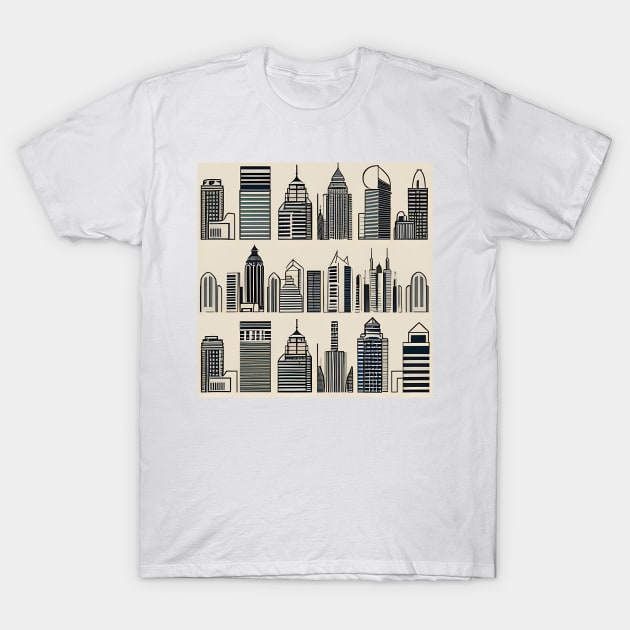 Urban Horizon: Stylistic Vector City Skyline Fabric Print T-Shirt by AlexBRD